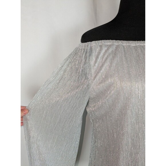 Cece Blouse S Women's Metallic Silver Off the Shoulder Long Sleeve Tie Hem - Picture 3 of 8
